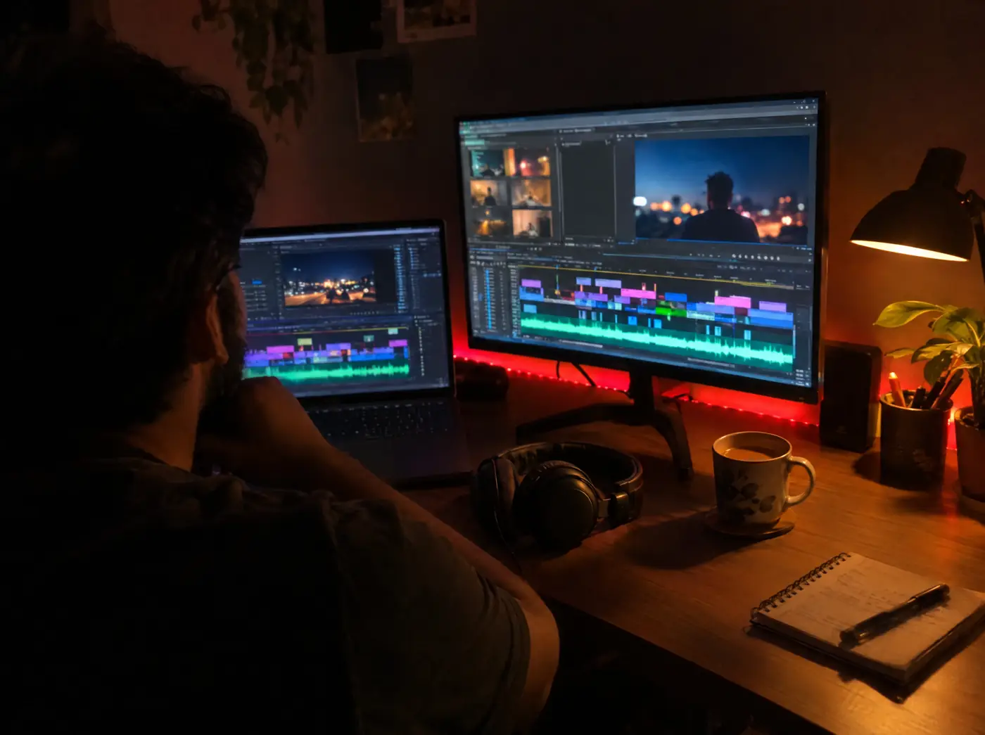 A video editor's desk at night with a timeline on screen